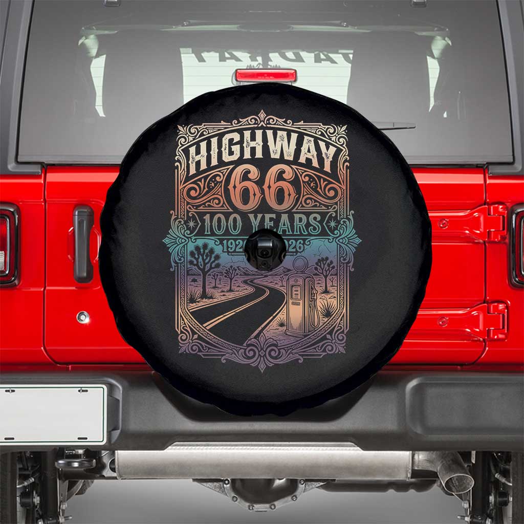 Highway 66 100 Years of the Mother Road Spare Tire Cover Centennial 1926-2026 Desert Oasis Retro Rainbow Graphic