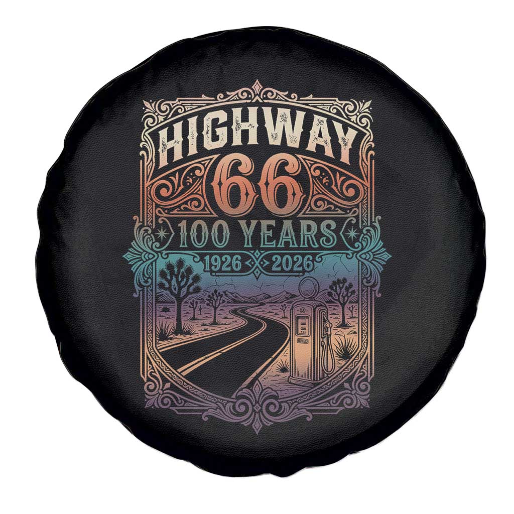 Highway 66 100 Years of the Mother Road Spare Tire Cover Centennial 1926-2026 Desert Oasis Retro Rainbow Graphic
