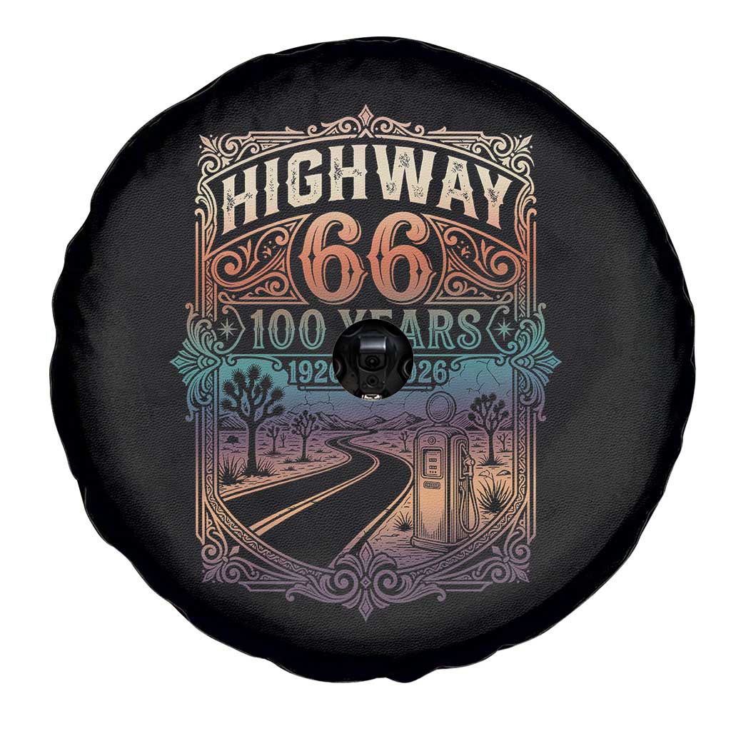 Highway 66 100 Years of the Mother Road Spare Tire Cover Centennial 1926-2026 Desert Oasis Retro Rainbow Graphic