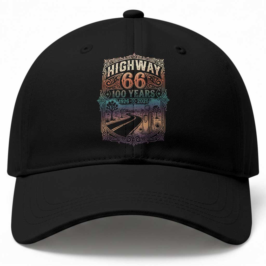 Highway 66 100 Years of the Mother Road Baseball Cap Centennial 1926-2026 Desert Oasis Retro Rainbow Graphic