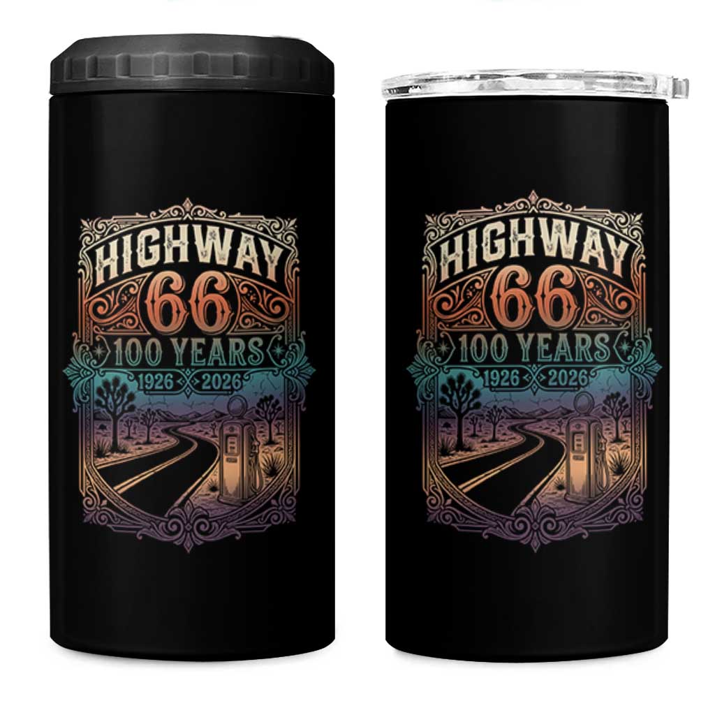 Highway 66 100 Years of the Mother Road 4 in 1 Can Cooler Tumbler Centennial 1926-2026 Desert Oasis Retro Rainbow Graphic