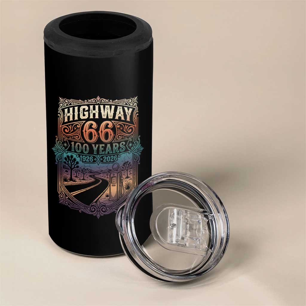 Highway 66 100 Years of the Mother Road 4 in 1 Can Cooler Tumbler Centennial 1926-2026 Desert Oasis Retro Rainbow Graphic