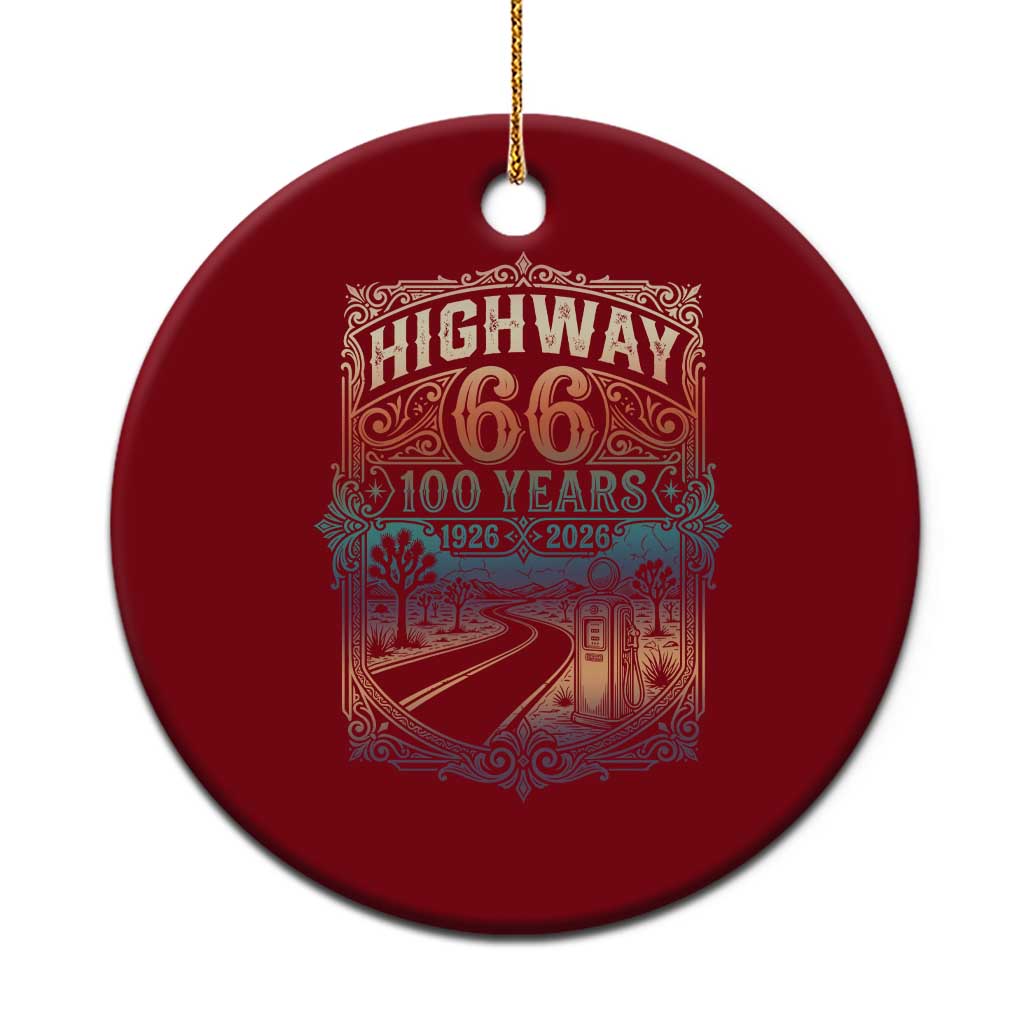 Highway 66 100 Years of the Mother Road Ceramic Ornament Centennial 1926-2026 Desert Oasis Retro Rainbow Graphic