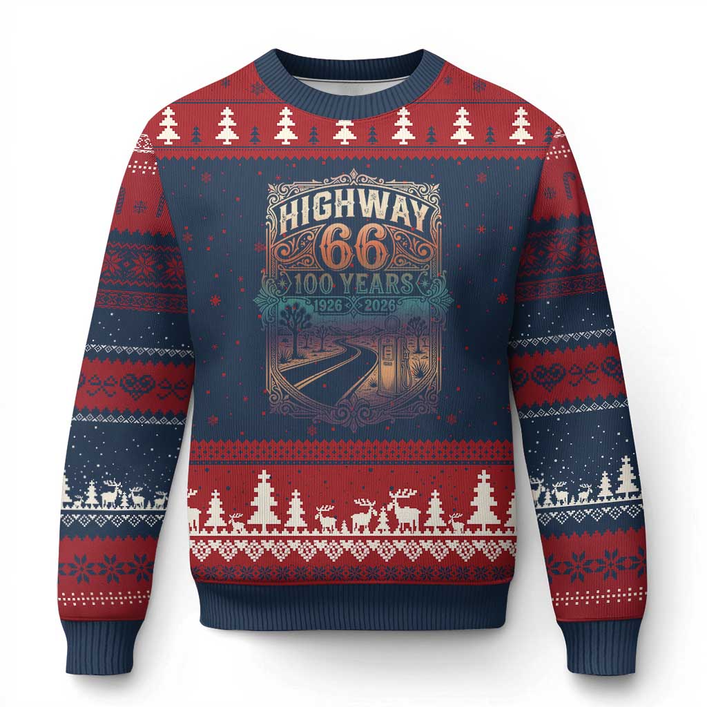 Highway 66 100 Years of the Mother Road Ugly Christmas Sweater Centennial 1926-2026 Desert Oasis Retro Rainbow Graphic