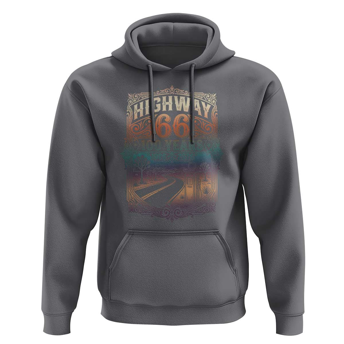 Highway 66 100 Years of the Mother Road Hoodie Centennial 1926-2026 Desert Oasis Retro Rainbow Graphic