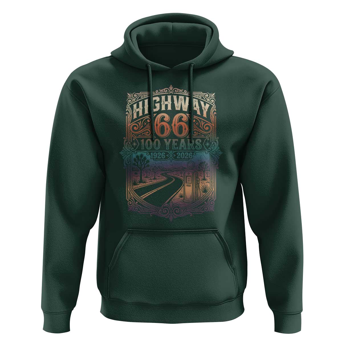 Highway 66 100 Years of the Mother Road Hoodie Centennial 1926-2026 Desert Oasis Retro Rainbow Graphic