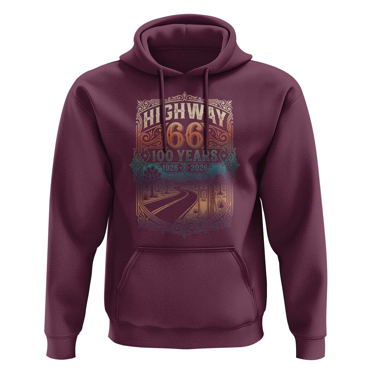 Highway 66 100 Years of the Mother Road Hoodie Centennial 1926-2026 Desert Oasis Retro Rainbow Graphic