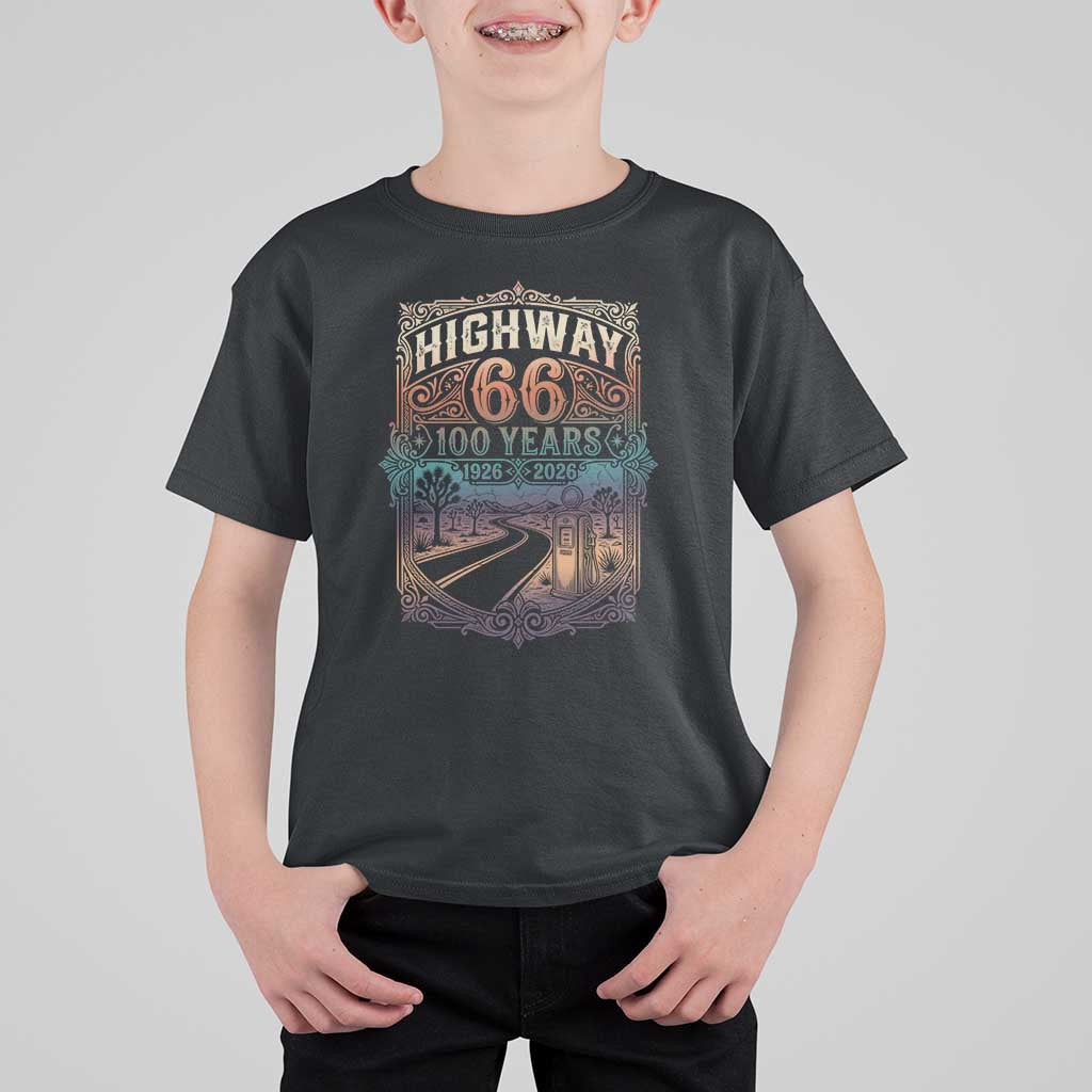 Highway 66 100 Years of the Mother Road T Shirt For Kid Centennial 1926-2026 Desert Oasis Retro Rainbow Graphic