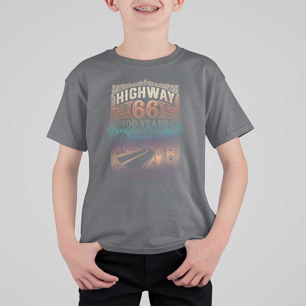 Highway 66 100 Years of the Mother Road T Shirt For Kid Centennial 1926-2026 Desert Oasis Retro Rainbow Graphic