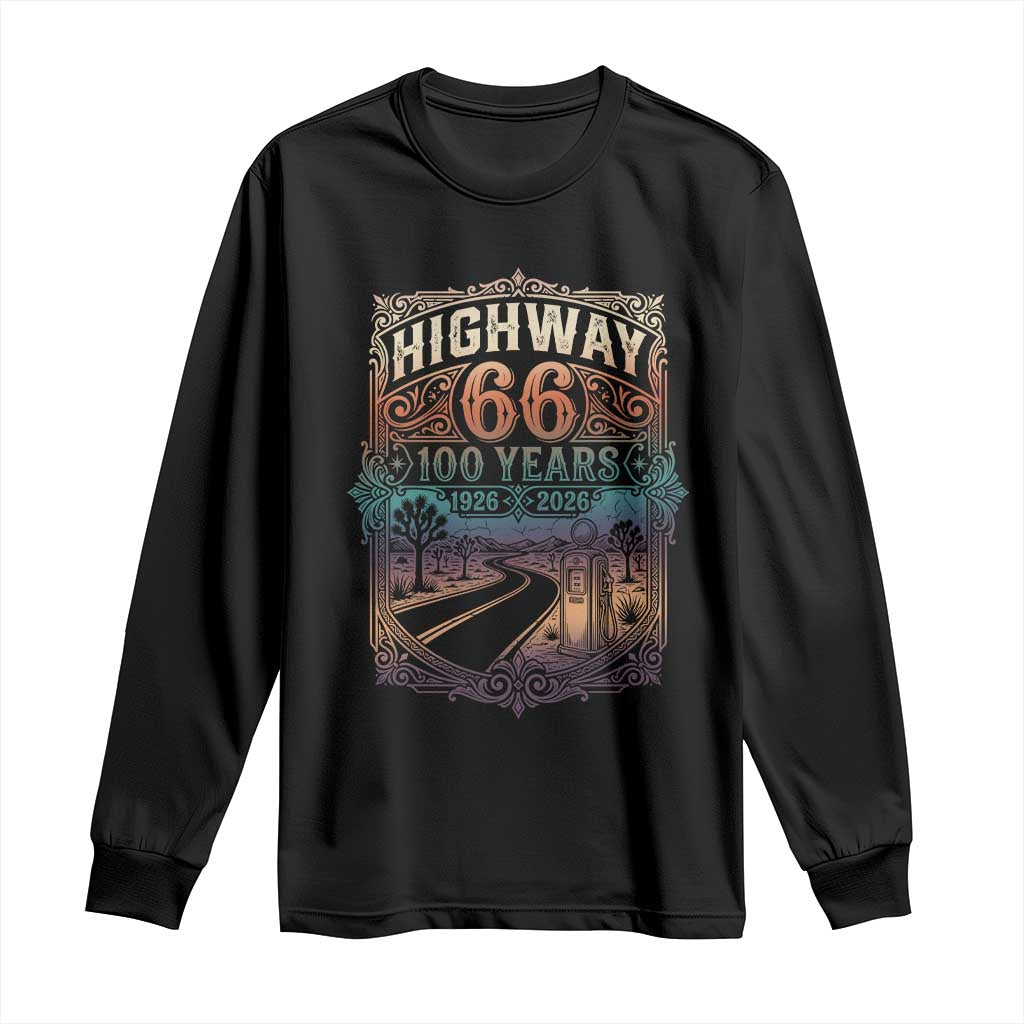 Highway 66 100 Years of the Mother Road Long Sleeve Shirt Centennial 1926-2026 Desert Oasis Retro Rainbow Graphic
