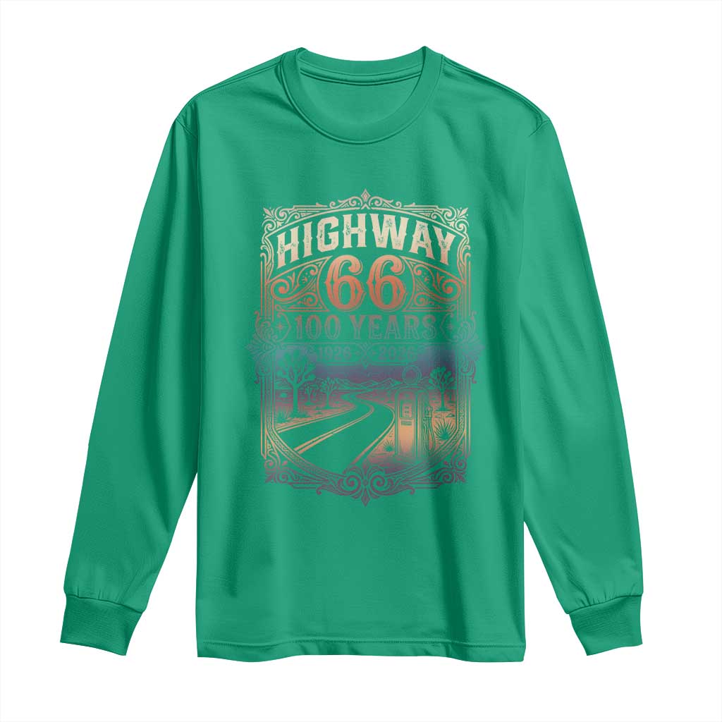 Highway 66 100 Years of the Mother Road Long Sleeve Shirt Centennial 1926-2026 Desert Oasis Retro Rainbow Graphic