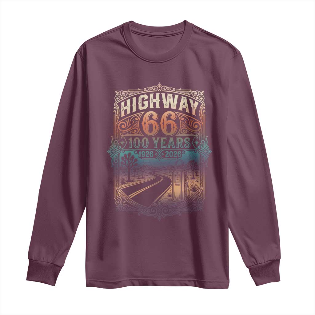 Highway 66 100 Years of the Mother Road Long Sleeve Shirt Centennial 1926-2026 Desert Oasis Retro Rainbow Graphic
