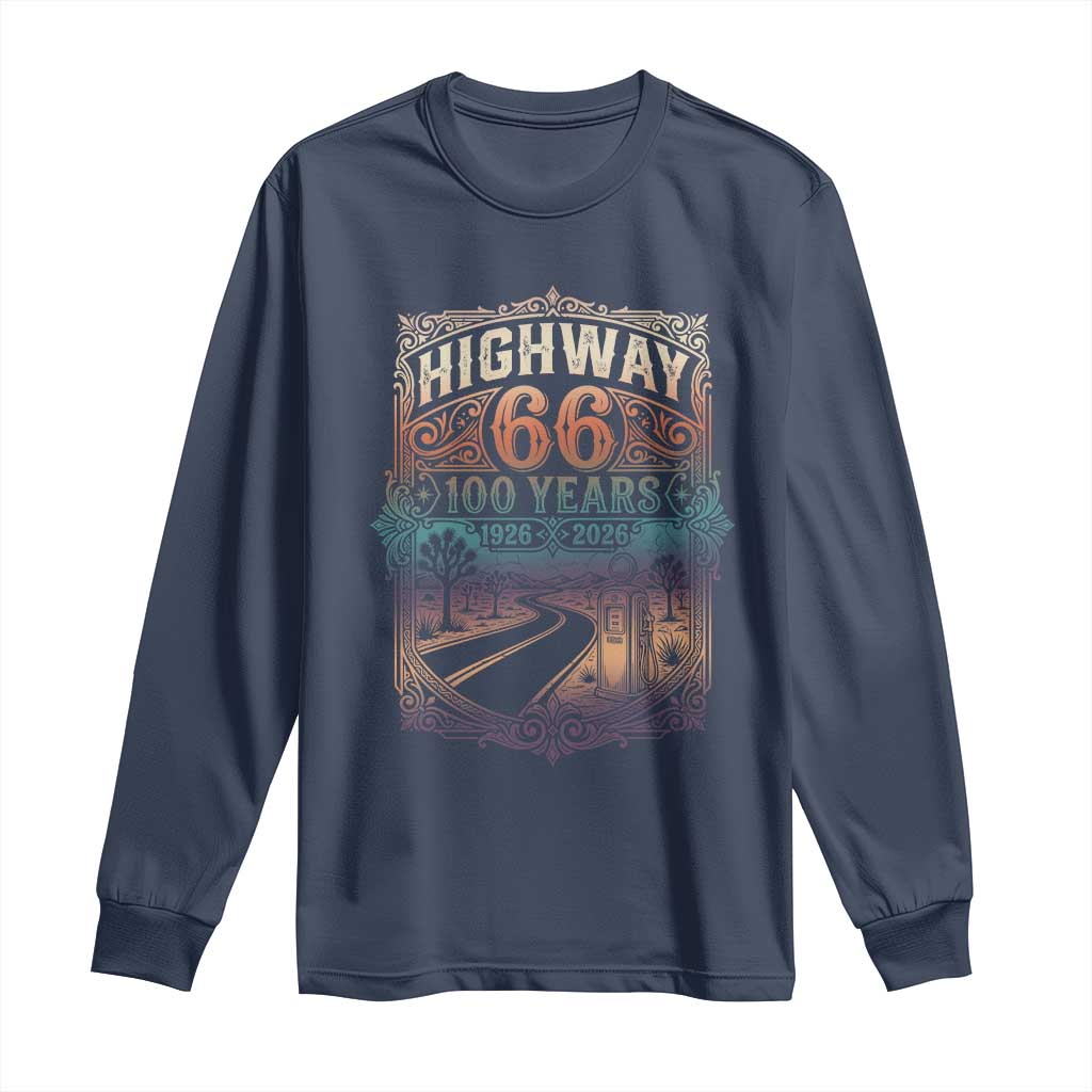 Highway 66 100 Years of the Mother Road Long Sleeve Shirt Centennial 1926-2026 Desert Oasis Retro Rainbow Graphic