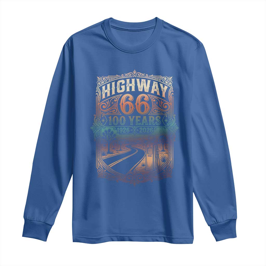 Highway 66 100 Years of the Mother Road Long Sleeve Shirt Centennial 1926-2026 Desert Oasis Retro Rainbow Graphic