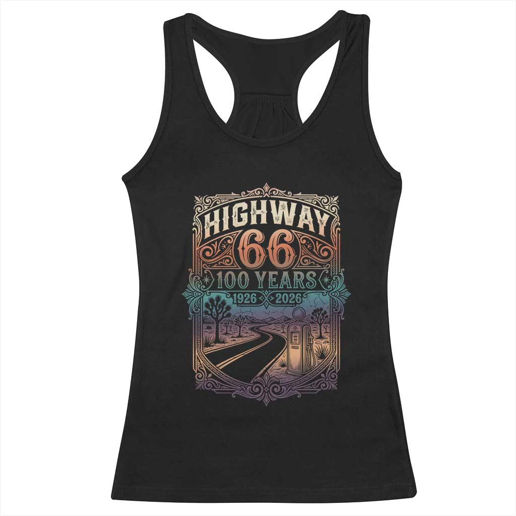 Highway 66 100 Years of the Mother Road Racerback Tank Top Centennial 1926-2026 Desert Oasis Retro Rainbow Graphic