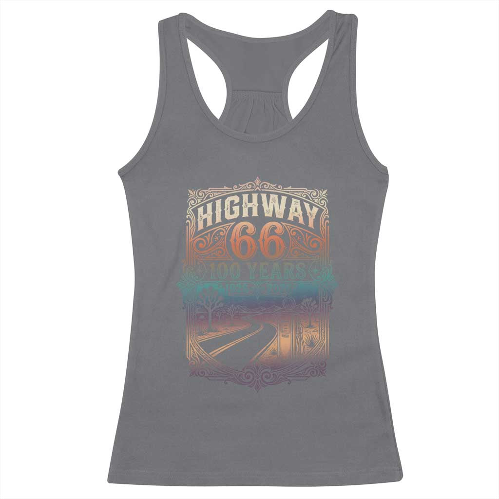 Highway 66 100 Years of the Mother Road Racerback Tank Top Centennial 1926-2026 Desert Oasis Retro Rainbow Graphic