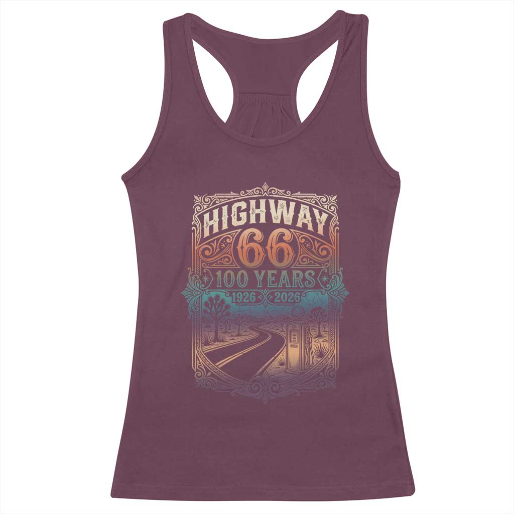 Highway 66 100 Years of the Mother Road Racerback Tank Top Centennial 1926-2026 Desert Oasis Retro Rainbow Graphic