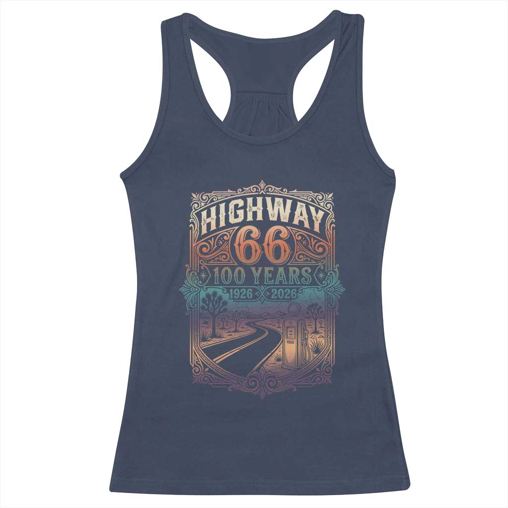 Highway 66 100 Years of the Mother Road Racerback Tank Top Centennial 1926-2026 Desert Oasis Retro Rainbow Graphic