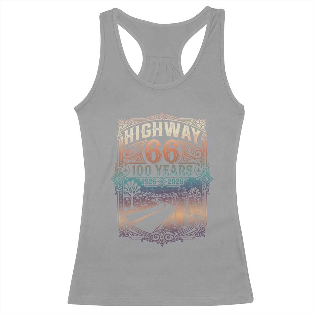 Highway 66 100 Years of the Mother Road Racerback Tank Top Centennial 1926-2026 Desert Oasis Retro Rainbow Graphic