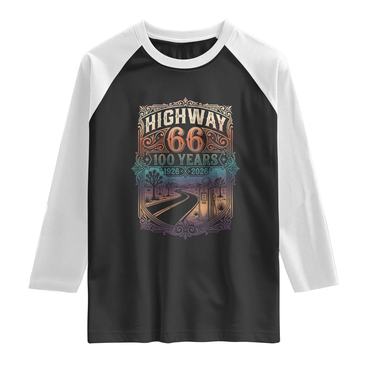 Highway 66 100 Years of the Mother Road Raglan Shirt Centennial 1926-2026 Desert Oasis Retro Rainbow Graphic