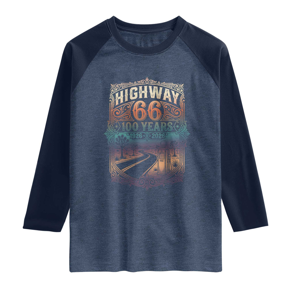 Highway 66 100 Years of the Mother Road Raglan Shirt Centennial 1926-2026 Desert Oasis Retro Rainbow Graphic