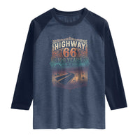 Highway 66 100 Years of the Mother Road Raglan Shirt Centennial 1926-2026 Desert Oasis Retro Rainbow Graphic