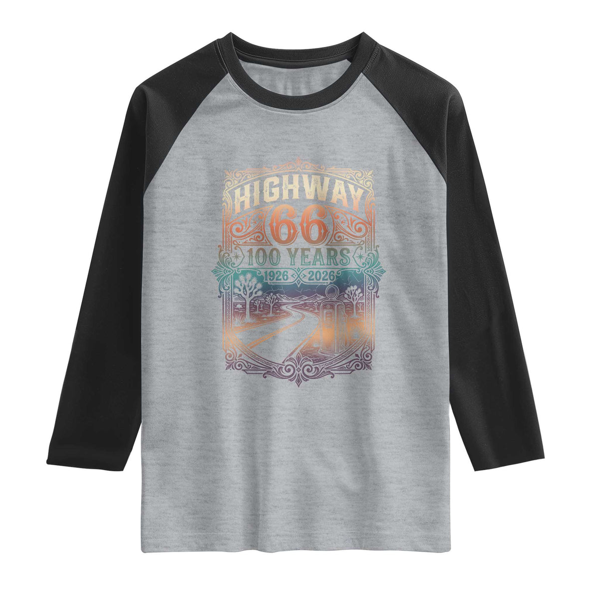 Highway 66 100 Years of the Mother Road Raglan Shirt Centennial 1926-2026 Desert Oasis Retro Rainbow Graphic