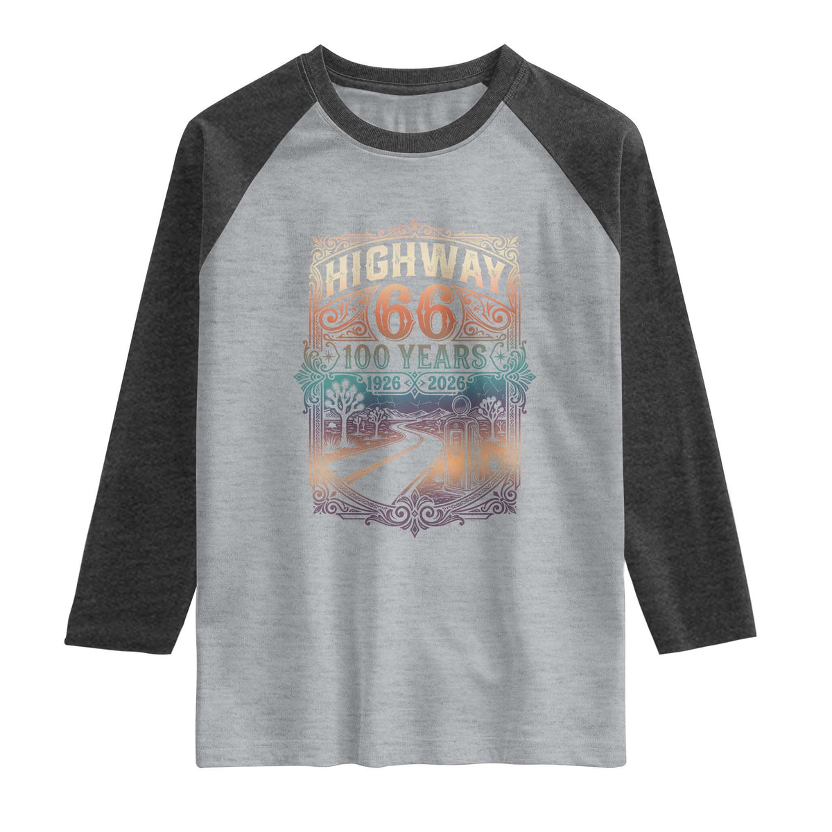 Highway 66 100 Years of the Mother Road Raglan Shirt Centennial 1926-2026 Desert Oasis Retro Rainbow Graphic