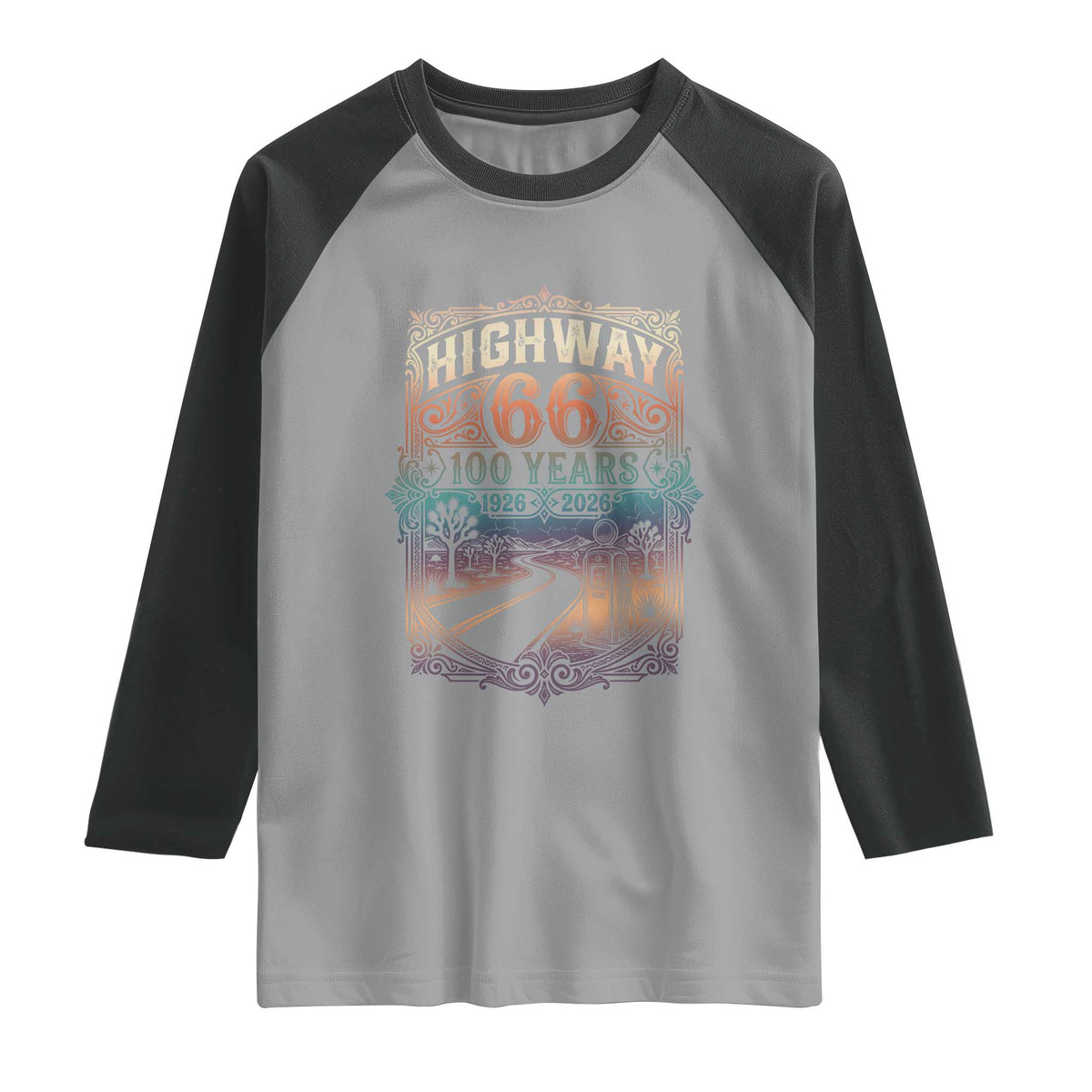 Highway 66 100 Years of the Mother Road Raglan Shirt Centennial 1926-2026 Desert Oasis Retro Rainbow Graphic