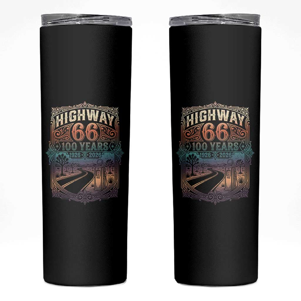 Highway 66 100 Years of the Mother Road Skinny Tumbler Centennial 1926-2026 Desert Oasis Retro Rainbow Graphic