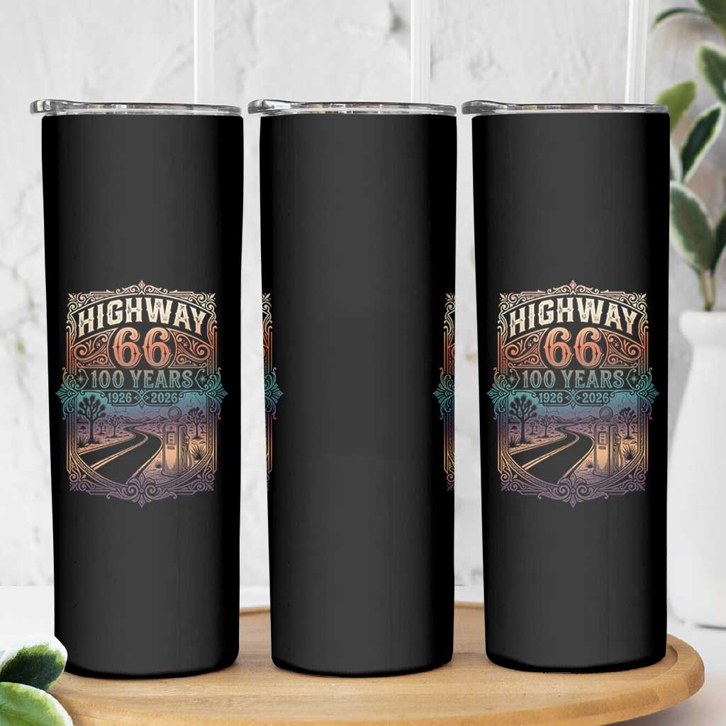 Highway 66 100 Years of the Mother Road Skinny Tumbler Centennial 1926-2026 Desert Oasis Retro Rainbow Graphic