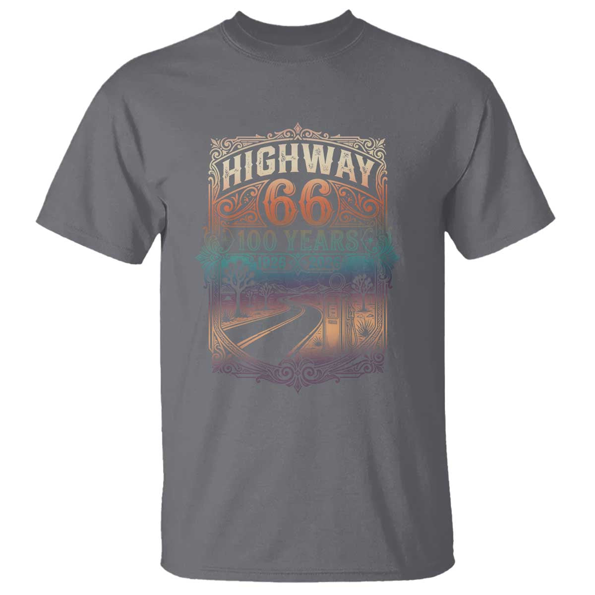 Highway 66 100 Years of the Mother Road T Shirt Centennial 1926-2026 Desert Oasis Retro Rainbow Graphic