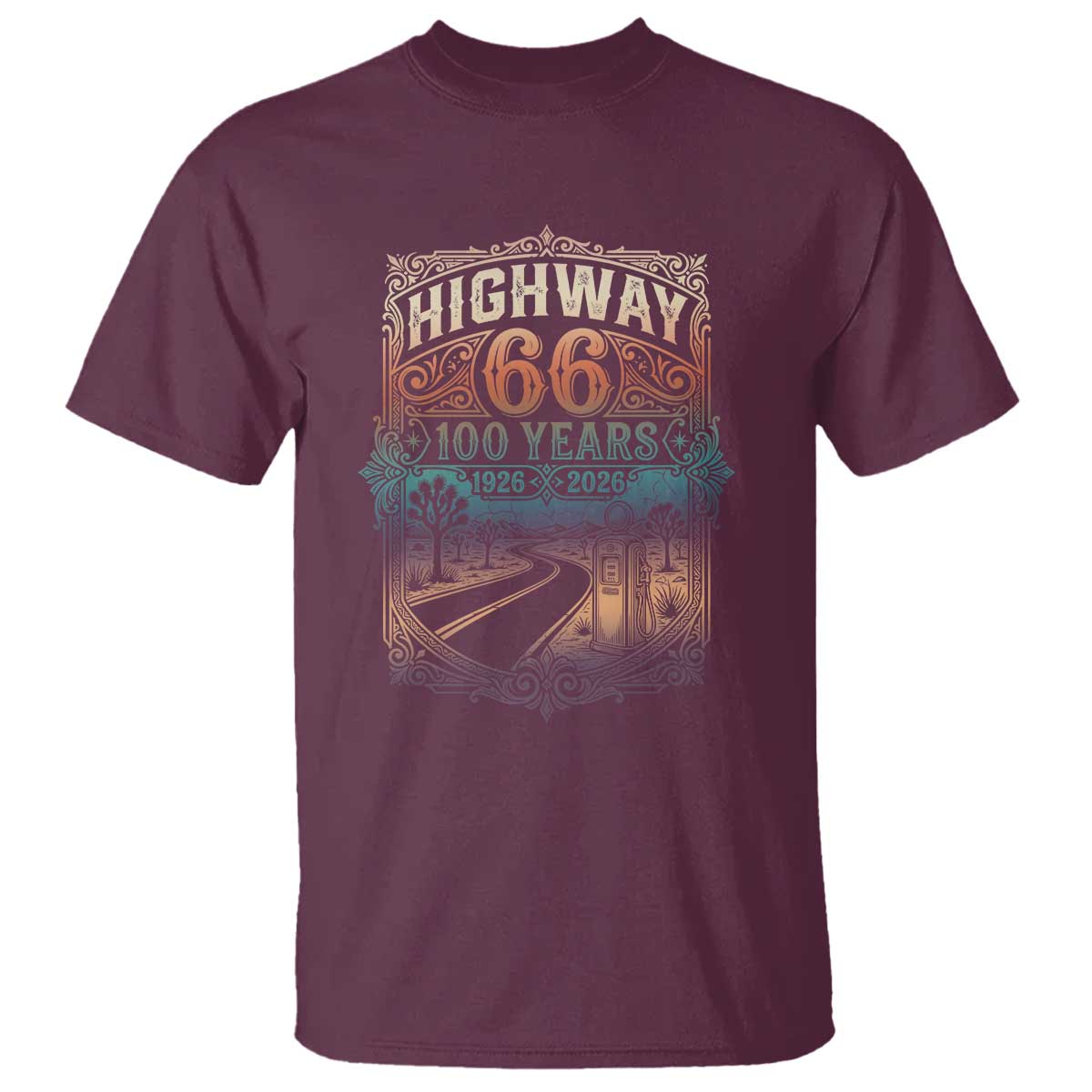 Highway 66 100 Years of the Mother Road T Shirt Centennial 1926-2026 Desert Oasis Retro Rainbow Graphic