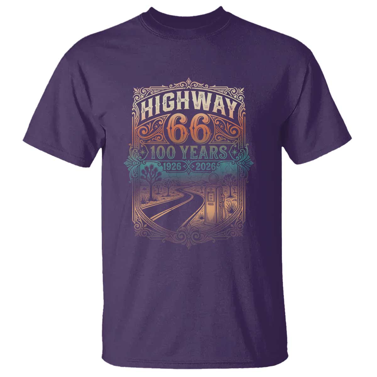 Highway 66 100 Years of the Mother Road T Shirt Centennial 1926-2026 Desert Oasis Retro Rainbow Graphic
