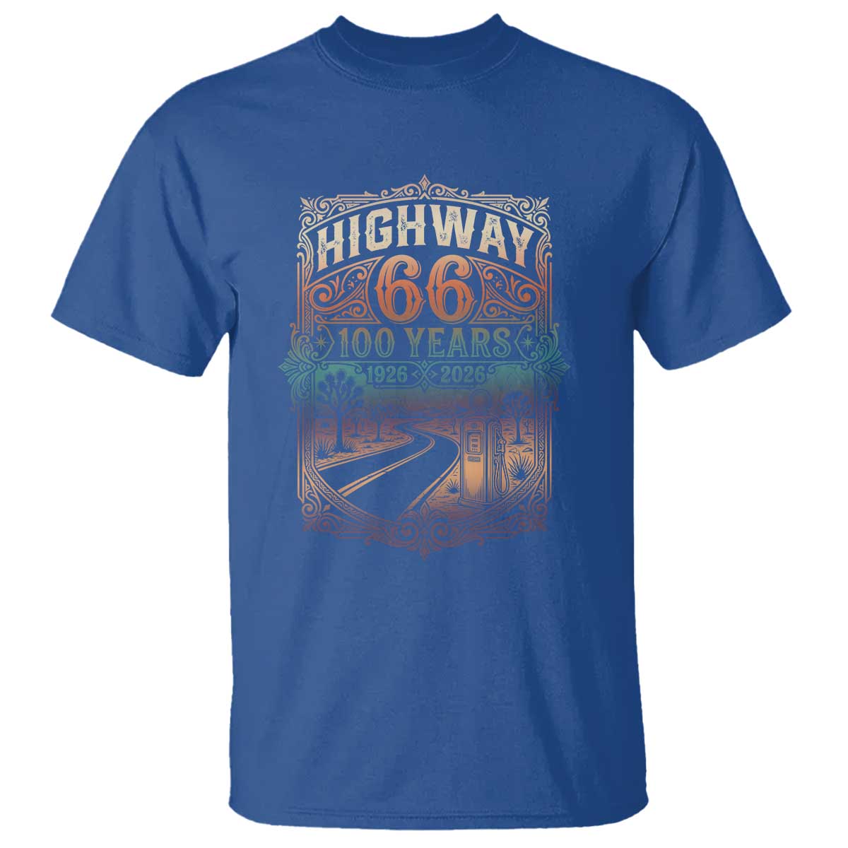 Highway 66 100 Years of the Mother Road T Shirt Centennial 1926-2026 Desert Oasis Retro Rainbow Graphic