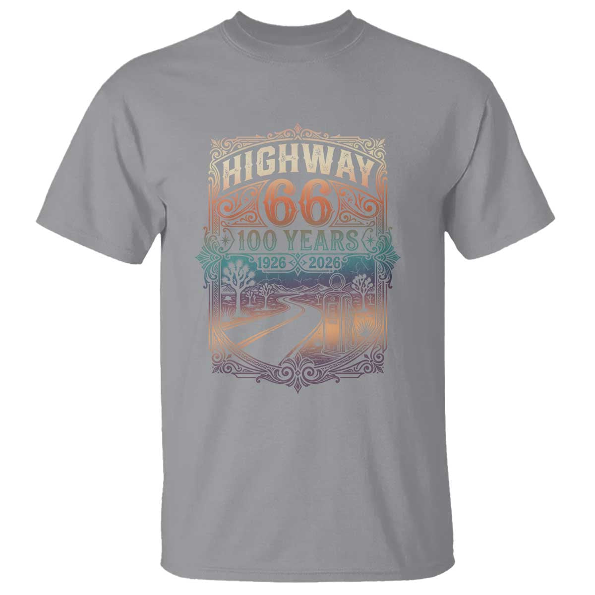 Highway 66 100 Years of the Mother Road T Shirt Centennial 1926-2026 Desert Oasis Retro Rainbow Graphic