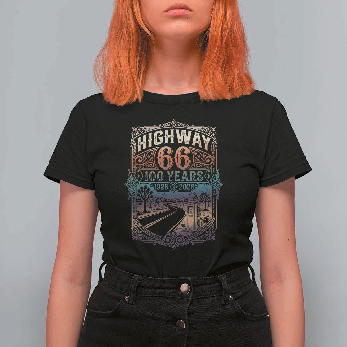 Highway 66 100 Years of the Mother Road T Shirt For Women Centennial 1926-2026 Desert Oasis Retro Rainbow Graphic