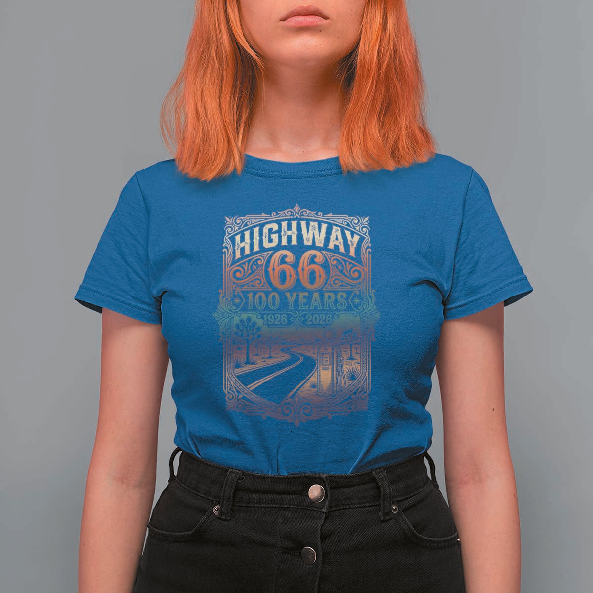 Highway 66 100 Years of the Mother Road T Shirt For Women Centennial 1926-2026 Desert Oasis Retro Rainbow Graphic