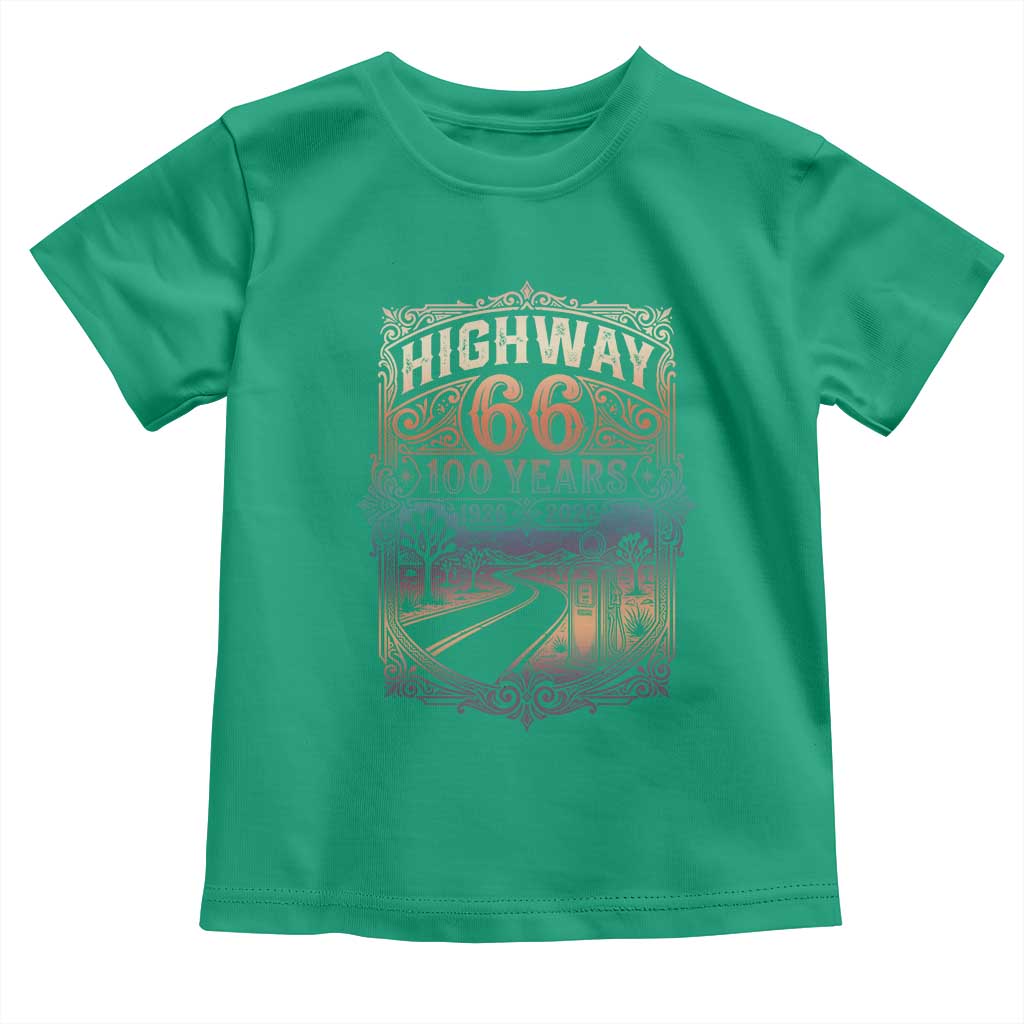 Highway 66 100 Years of the Mother Road Toddler T Shirt Centennial 1926-2026 Desert Oasis Retro Rainbow Graphic