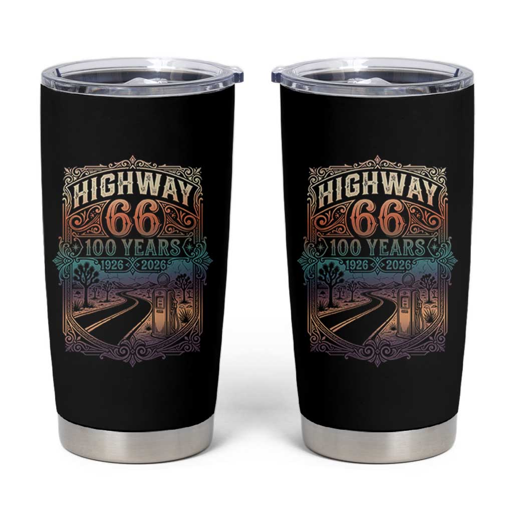 Highway 66 100 Years of the Mother Road Tumbler Cup Centennial 1926-2026 Desert Oasis Retro Rainbow Graphic