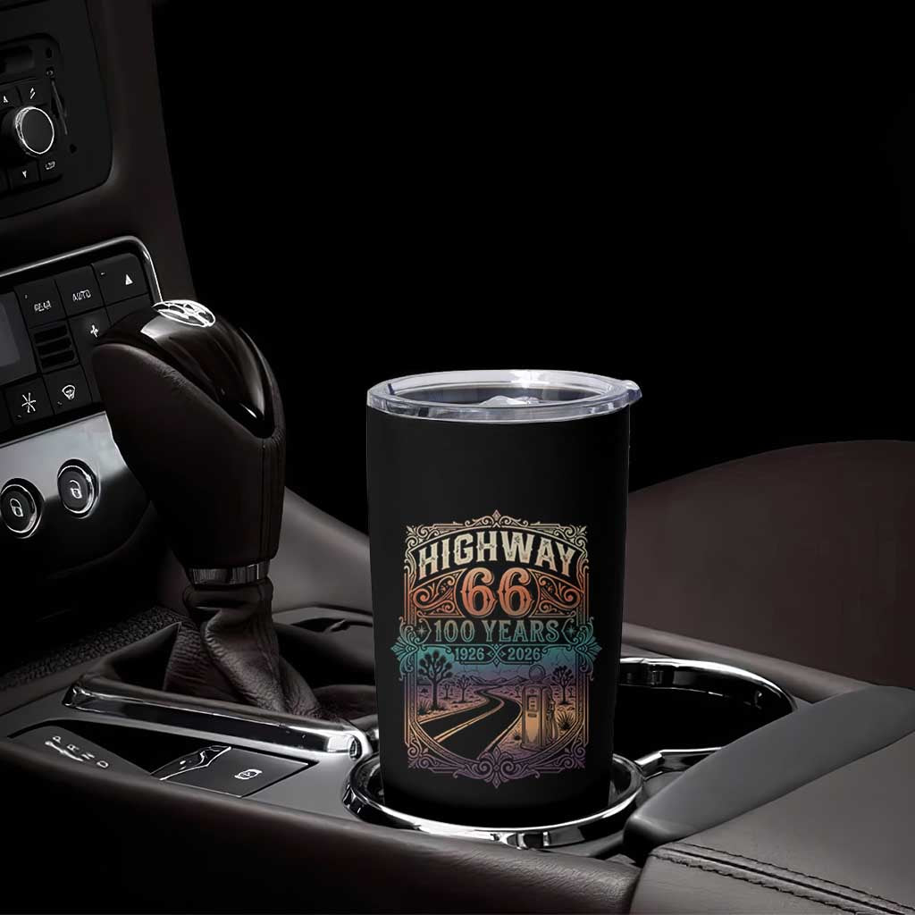 Highway 66 100 Years of the Mother Road Tumbler Cup Centennial 1926-2026 Desert Oasis Retro Rainbow Graphic