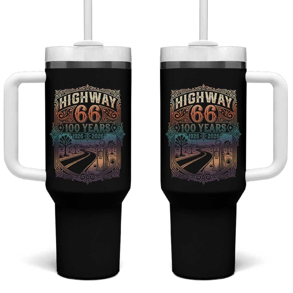 Highway 66 100 Years of the Mother Road Tumbler With Handle Centennial 1926-2026 Desert Oasis Retro Rainbow Graphic