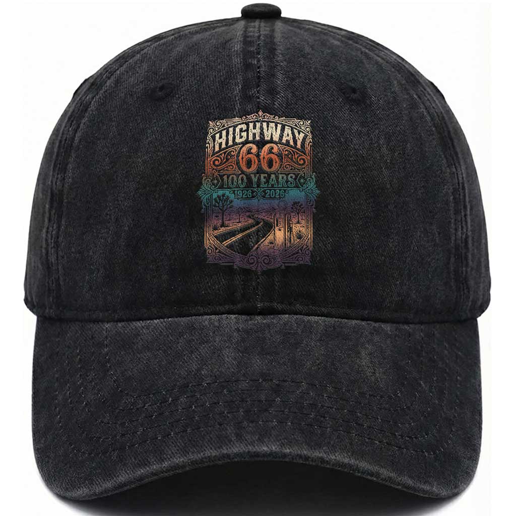 Highway 66 100 Years of the Mother Road Washed Cotton Baseball Cap Centennial 1926-2026 Desert Oasis Retro Rainbow Graphic