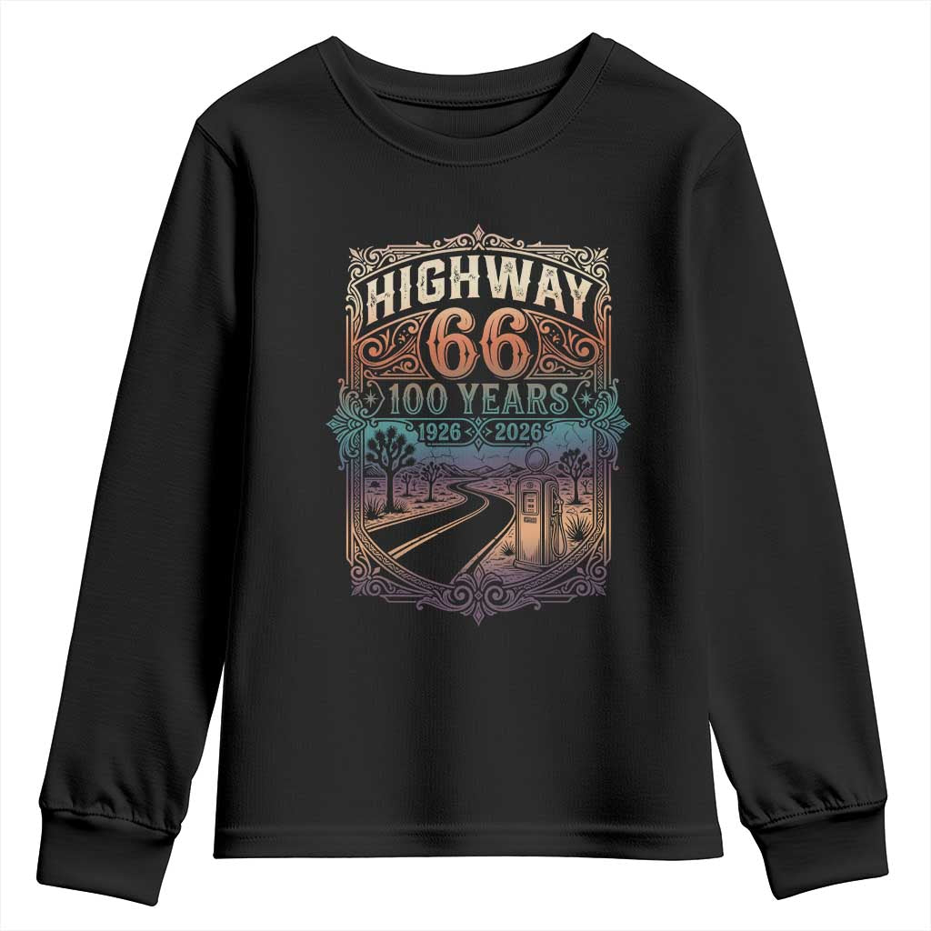 Highway 66 100 Years of the Mother Road Youth Sweatshirt Centennial 1926-2026 Desert Oasis Retro Rainbow Graphic