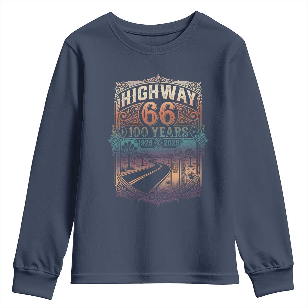 Highway 66 100 Years of the Mother Road Youth Sweatshirt Centennial 1926-2026 Desert Oasis Retro Rainbow Graphic