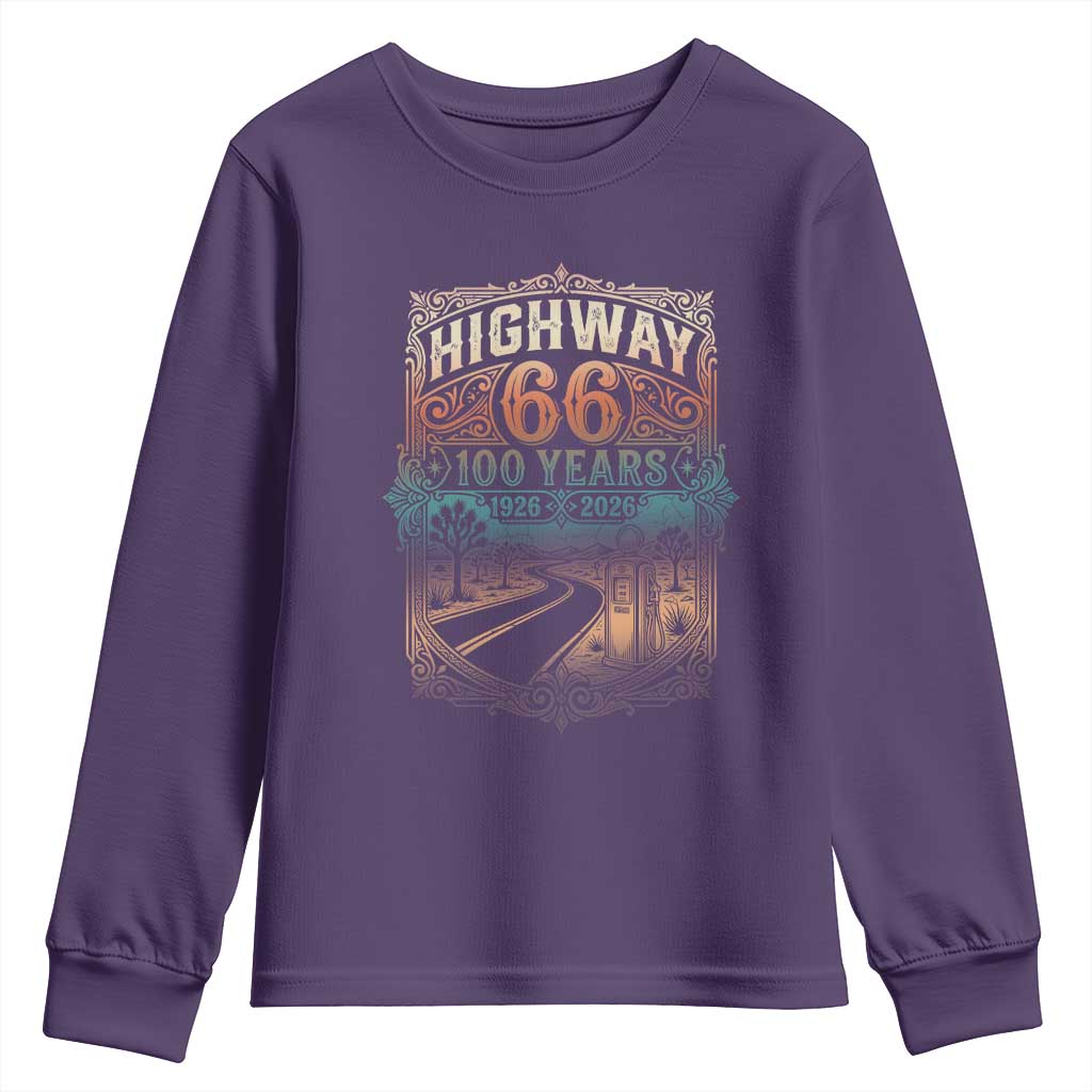 Highway 66 100 Years of the Mother Road Youth Sweatshirt Centennial 1926-2026 Desert Oasis Retro Rainbow Graphic