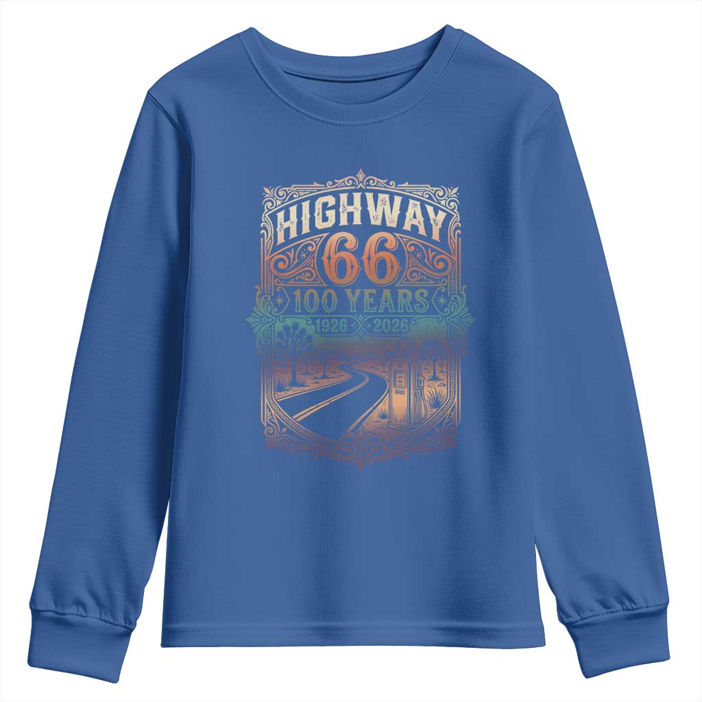 Highway 66 100 Years of the Mother Road Youth Sweatshirt Centennial 1926-2026 Desert Oasis Retro Rainbow Graphic