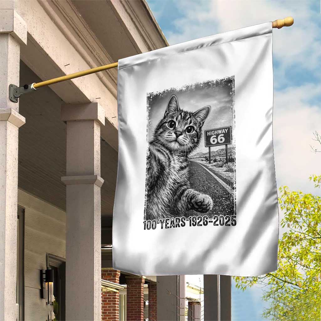 Funny Road Trip Cat Selfie with Highway 66 Garden Flag Centennial 1926-2026 Historic Highway Humor