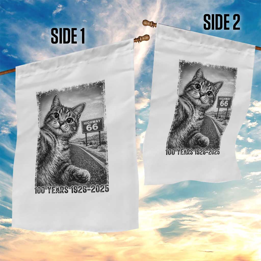 Funny Road Trip Cat Selfie with Highway 66 Garden Flag Centennial 1926-2026 Historic Highway Humor