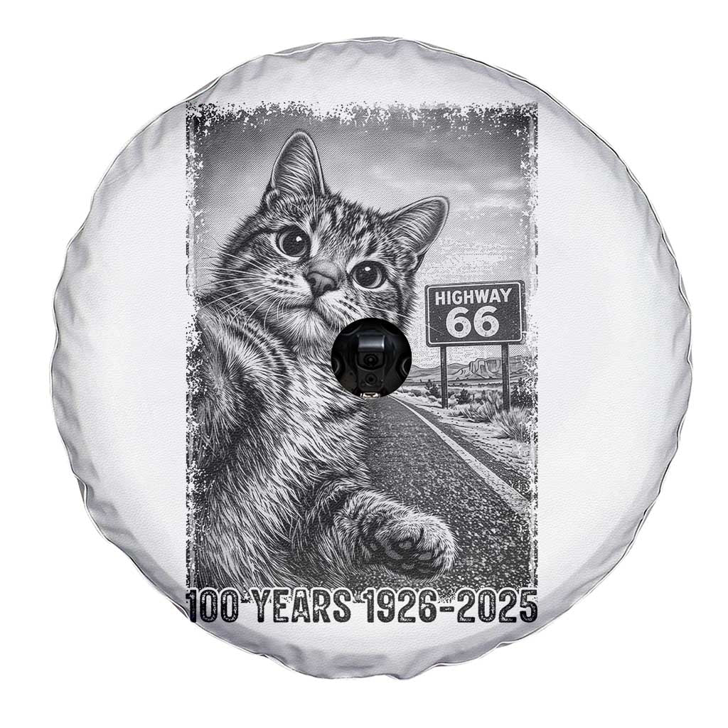Funny Road Trip Cat Selfie with Highway 66 Spare Tire Cover Centennial 1926-2026 Historic Highway Humor